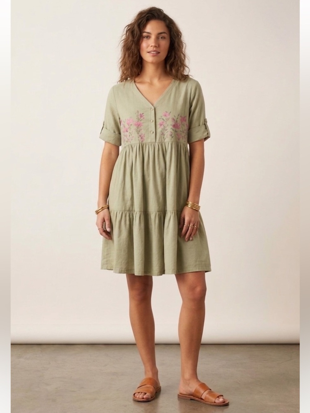 Bombay Paisley Sage Green Floral Embroidered Tiered Cotton Dress M Boho Cottage
